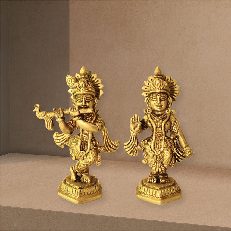 Rangkala Home & Décor Lord Radha Krishna Idol Statue Decor Figurine Krishna Janmashtami Decorative Showpiece - 12.19 cm (Brass, Gold)