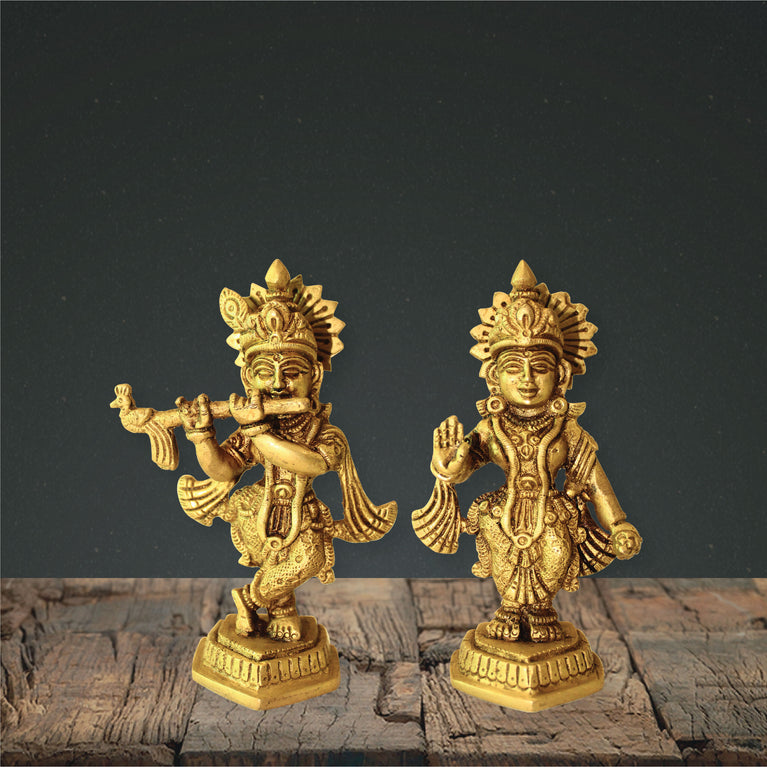 Rangkala Home & Décor Lord Radha Krishna Idol Statue Decor Figurine Krishna Janmashtami Decorative Showpiece - 12.19 cm (Brass, Gold)