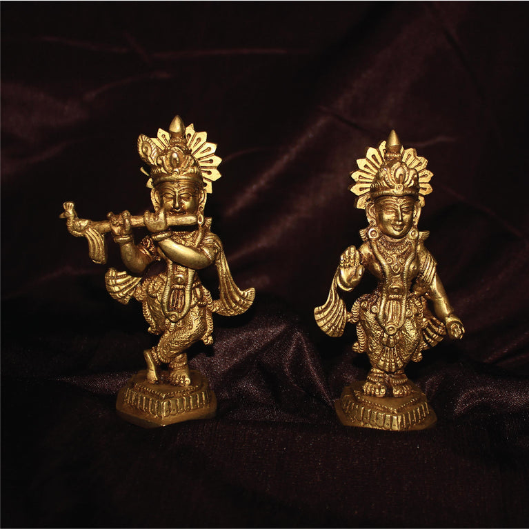 Rangkala Home & Décor Lord Radha Krishna Idol Statue Decor Figurine Krishna Janmashtami Decorative Showpiece - 12.19 cm (Brass, Gold)