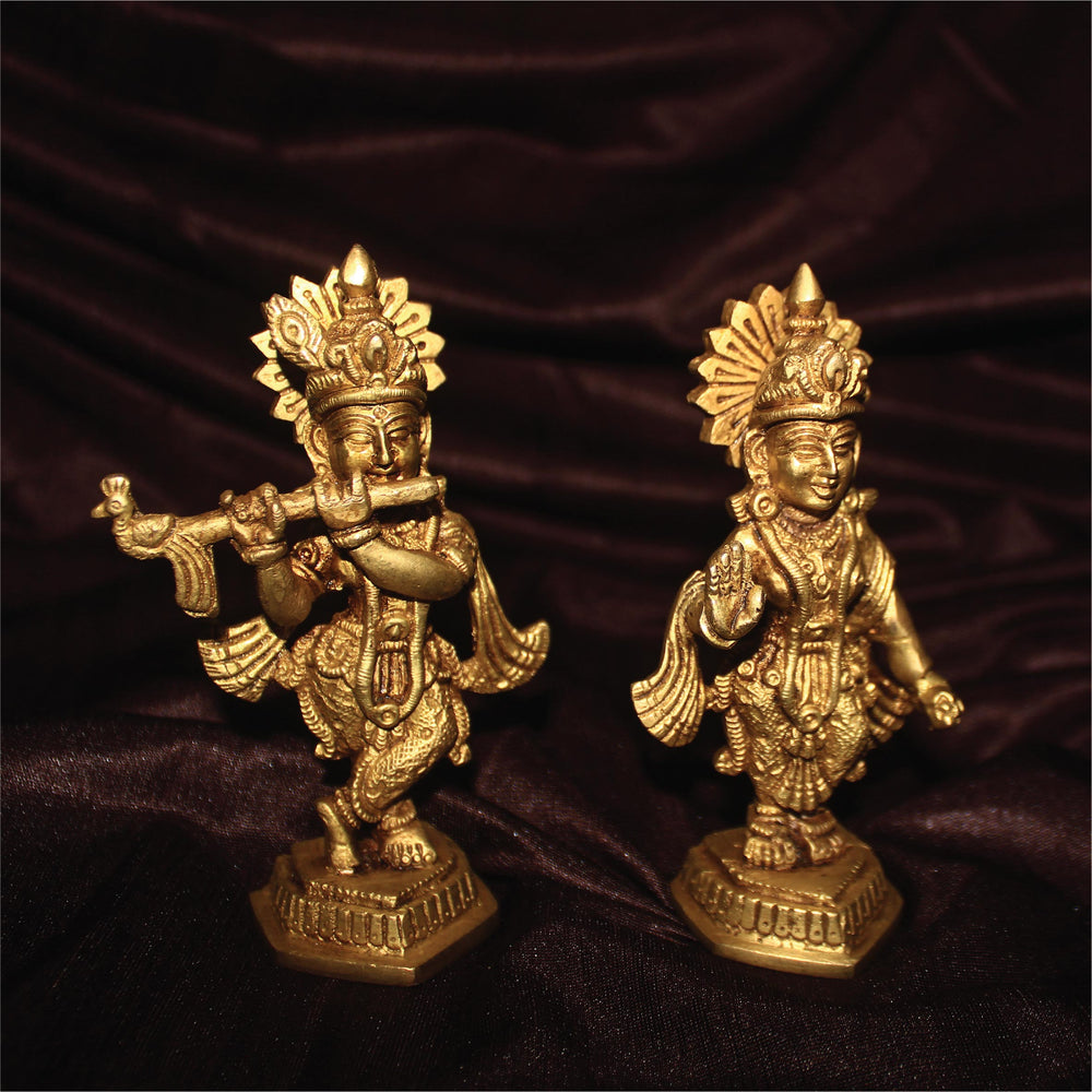 Rangkala Home & Décor Lord Radha Krishna Idol Statue Decor Figurine Krishna Janmashtami Decorative Showpiece - 12.19 cm (Brass, Gold)