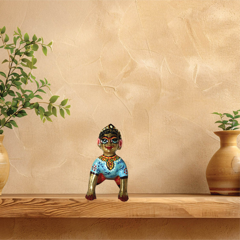 Fine Brass Made Yellow Painted Bal Radha Idol Statue for Home and Office Temple (3.6 Inch)