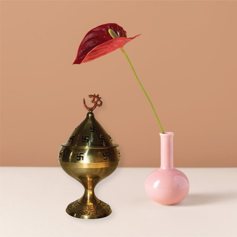 Rangkala Brass Akhand Jyoti Diya Om On Top Stand with Cover & Om Deepak/Oil Lamp for Temple